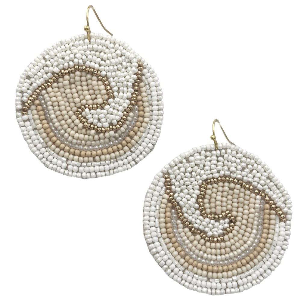 Seed Bead Wave White Ivory Disk Dangle Earrings
